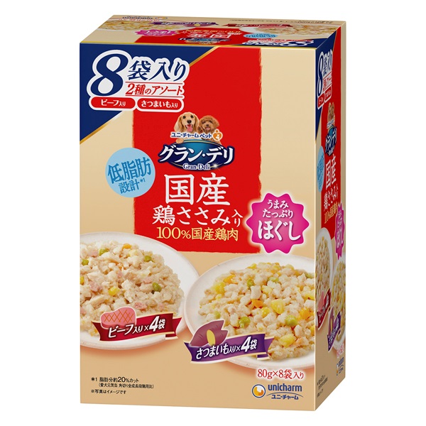 グラン・デリ 国産鶏ささみパウチ ほぐし 成犬用 ビーフ入り&さつまいも入り 80g×8袋 Gran-Deli ユニ・チャーム(80g×8袋)