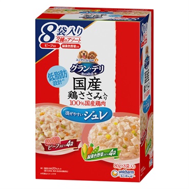 グラン・デリ 国産鶏ささみパウチ ジュレ 成犬用 ビーフ入り&緑黄色野菜入り 80g×8袋 Gran-Deli ユニ・チャーム