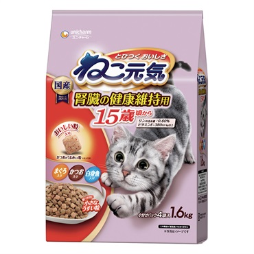 ねこ元気 腎臓の健康維持用 15歳頃から まぐろ･かつお･白身魚入り 1.6kg ユニ・チャーム