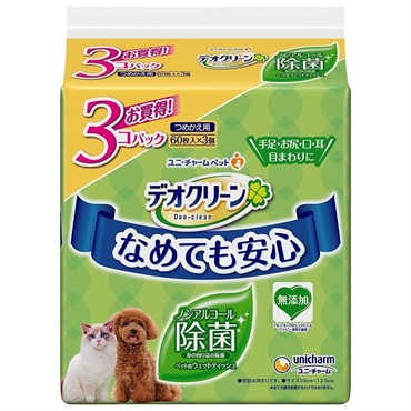 ペットケア デオクリーン 純水99% ウェットティッシュ つめかえ用 70枚3個パック デオクリーン Deo‐clean ユニ・チャーム(ノンアルコール除菌)