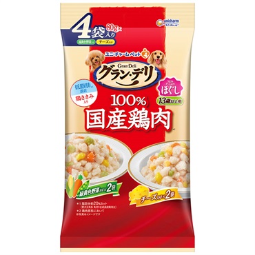 グラン・デリ 国産鶏ささみ パウチ ほぐし 13歳以上用 バラエティ 緑黄色野菜入り、チーズ入り 80g×4個 グラン・デリ Gran‐Deli ユニ・チャーム