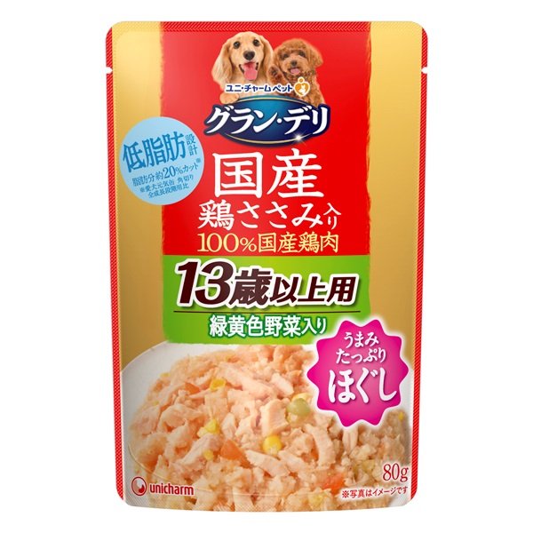 グラン・デリ 国産鶏ささみパウチ ほぐし 成犬用 13歳以上用 緑黄色野菜入り 80g Gran-Deli ユニ・チャーム(80g)