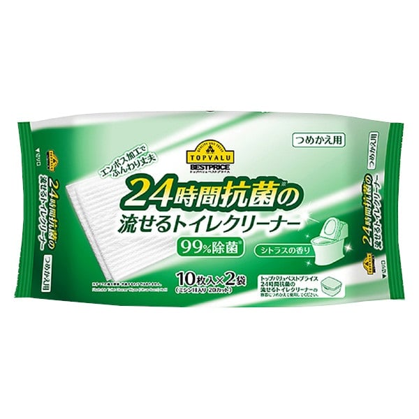 24時間抗菌 流せるトイレクリーナーつめかえ用 10枚×2パック    トップバリュベストプライス(つめかえ用　10枚Ｘ2パック)