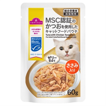 MSC認証のかつおを使用したキャットフードパウチ 60g   トップバリュ(ささみ入り 60g )