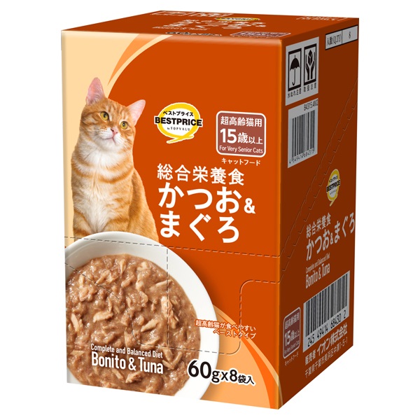 キャットフード かつお＆まぐろ パウチ ボール販売 トップバリュ(かつお＆まぐろ 超高齢猫用  60gX8個)