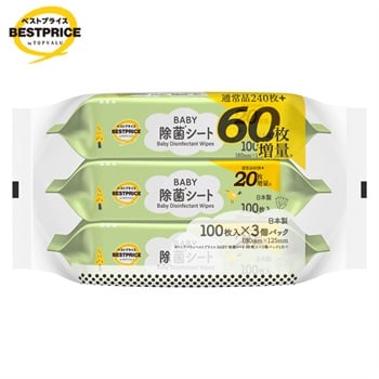 BABY 除菌シート 100枚入×3個パック ノンアルコール ベビー ウエットティッシュ トップバリュベストプライス(4549414728507)