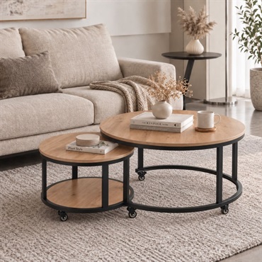 キャスター付き円形ネストテーブル 直径 大80cm／小50cm
