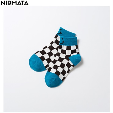 NIRMATA(ニルマータ) ブロックチェックショート丈ソックス キッズ 男の子 女の子(ブルー-22-24cm)