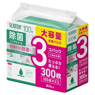 スコッティ ウェットティシュー つめかえ用 100枚×3個 scottie 日本製紙クレシア(除菌ノンアルコール)