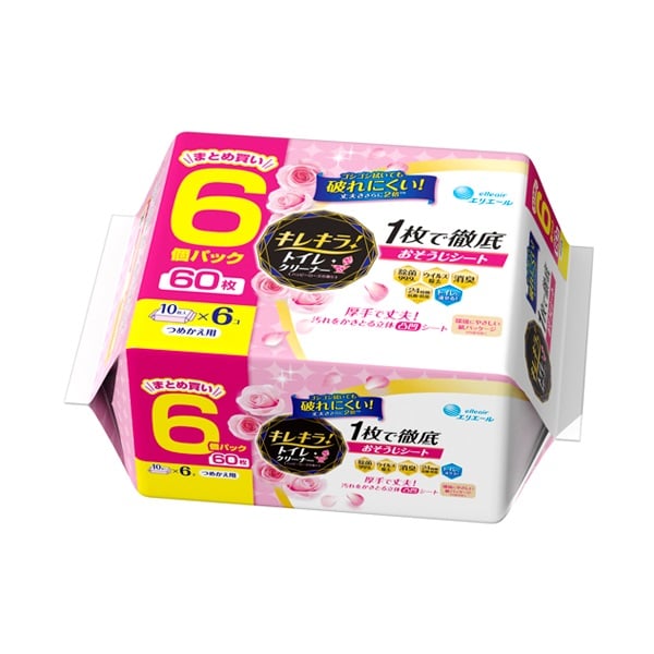 キレキラ! トイレクリーナー 1枚で徹底おそうじシート つめかえ用 10枚×6個パック エリエール elleair 大王製紙(ハッピーローズ)