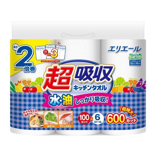 エリエール 超吸収 キッチンタオル 6ロール100カット エリエール elleair 大王製紙(6ロール100カット)