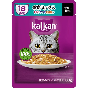 カルカン パウチ 18歳から ゼリー仕立て 60g kal kan マースジャパンリミテッド(お魚ミックスまぐろ・かつお・白身魚入)