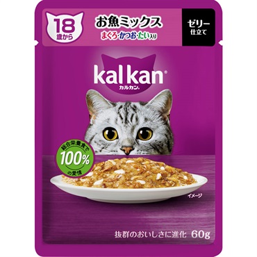 カルカン パウチ 18歳から ゼリー仕立て 60g kal kan マースジャパンリミテッド(お魚ミックスまぐろ・かつお・たい入り)