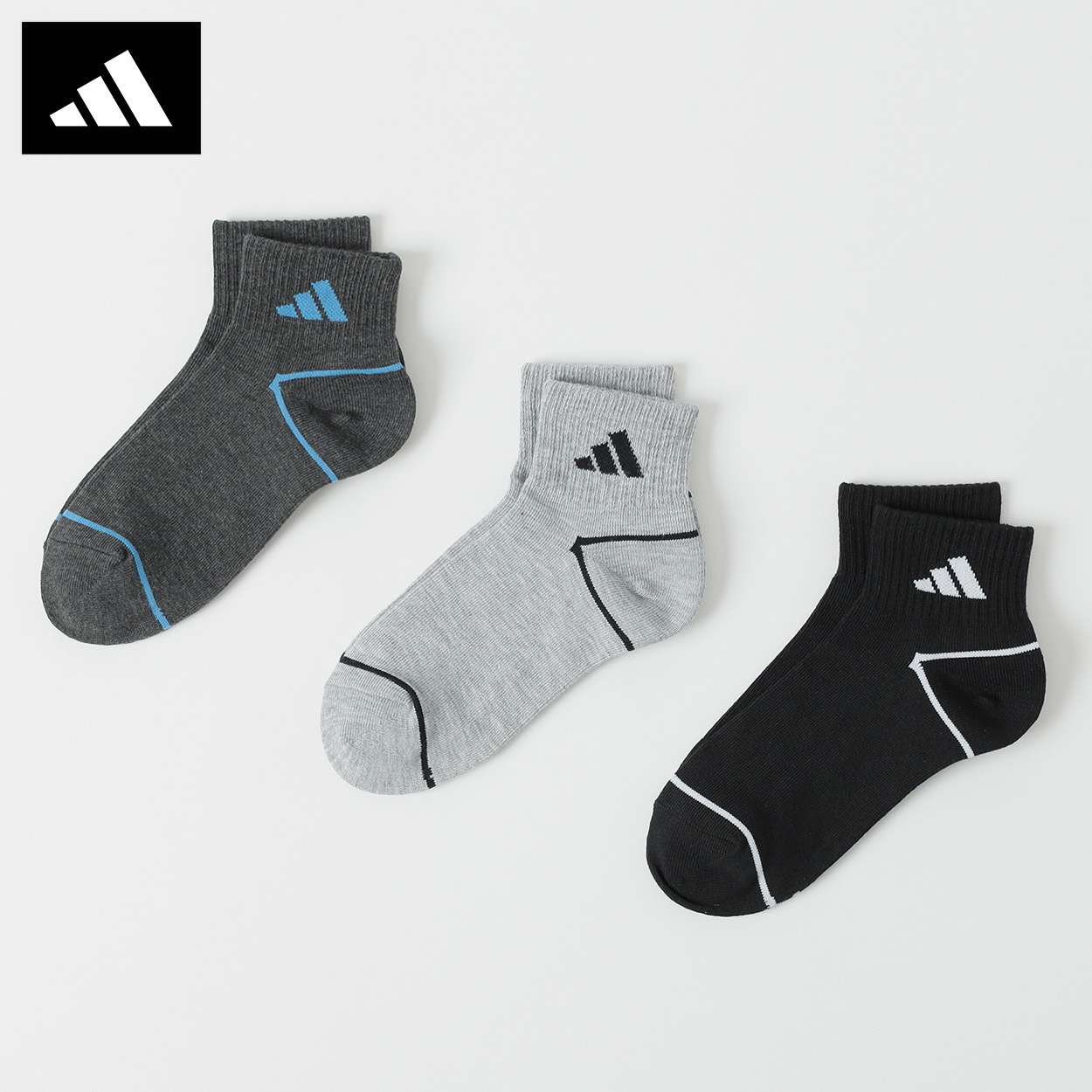 adidas(アディダス) サイドロゴショート丈ソックス３足組 キッズ 男の子 女の子(アソート3足組A-23-25cm)