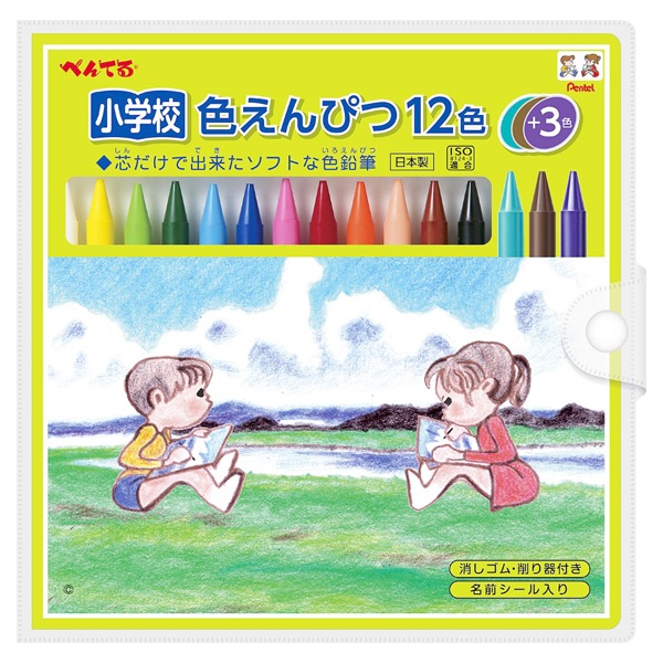 ぺんてる 色鉛筆 小学校色えんぴつ (パスティック) セット 12色 +3色(GCG1-12P3)