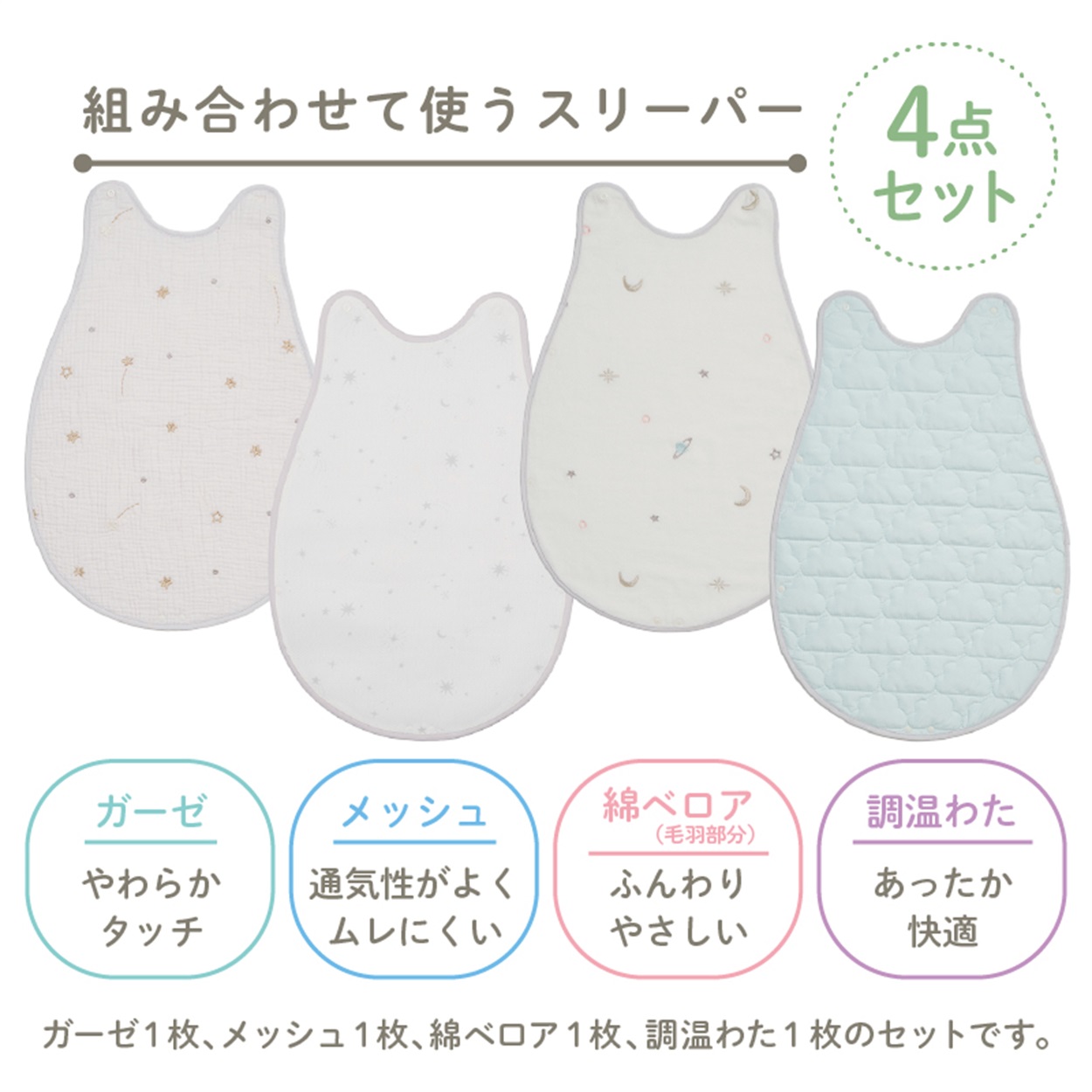 西川 組み合わせて使うスリーパー 4枚セット ベビー 寝具(4908092661160)