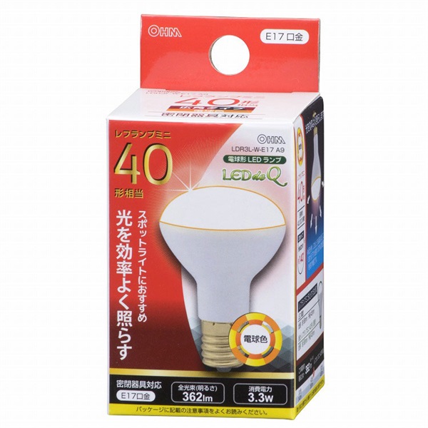 オーム電機　LED電球 レフランプミニ形 E17 40形相当 3W 電球色 広角タイプ140°　OHM(4971275607675)