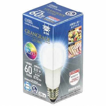 オーム電機　GRANGRADE-LED電球　E26口金 60形相当　LED電球　直管　電球　LED電球一般形　E26　60Ｗ相当(昼光色)