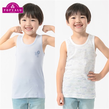 オーガニック綿ブレンド ランニングシャツ BOYS スポーツカー 2枚組 吸汗速乾インナー 男の子 トップバリュ キッズ 100cm-130cm(2枚組(サックス＆ホワイト)-100cm)