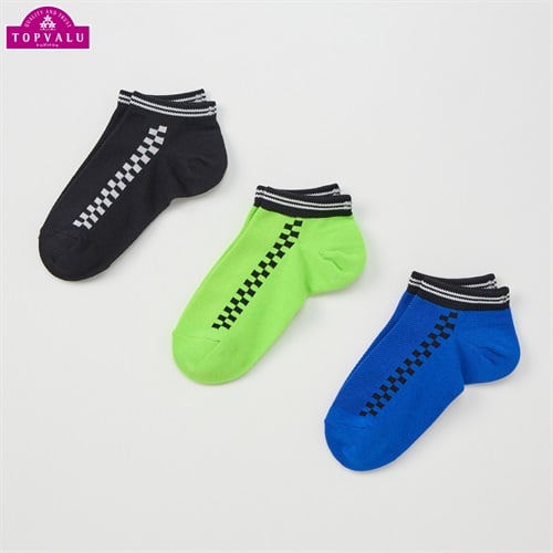スニーカーインソックス３足組 男の子 トップバリュ キッズ(メッシュチェッカーライン-19-24cm)
