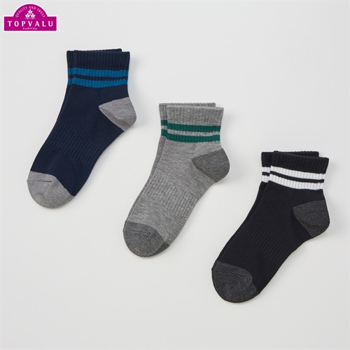 ショートクルー丈ソックス３足組 男の子 トップバリュ キッズ(２本ライン-19-24cm)
