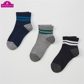 ショートクルー丈ソックス３足組 男の子 トップバリュ キッズ(２本ライン-19-24cm)