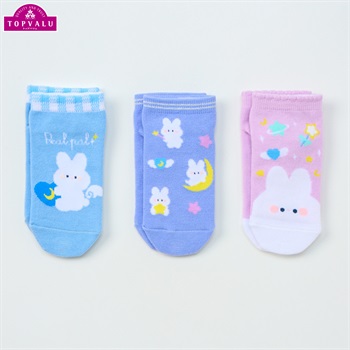 スニーカーインソックス３足組 女の子 トップバリュ キッズ(ふわふわウサギ-16-21cm)