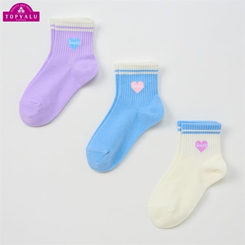 ショートクルー丈ソックス３足組 女の子 トップバリュ キッズ(ライン×ハート-16-21cm)