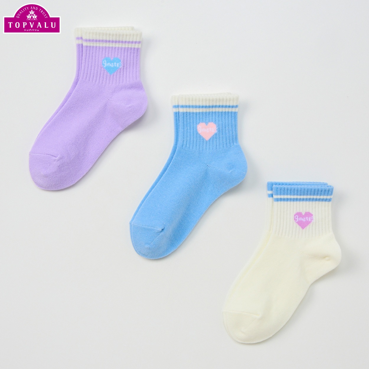 ショートクルー丈ソックス３足組 女の子 トップバリュ キッズ(ライン×ハート-16-21cm)