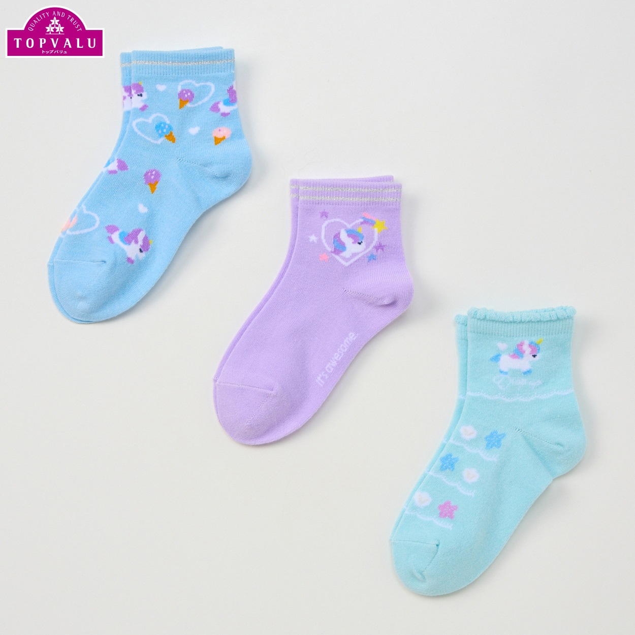 ショートクルー丈ソックス３足組 女の子 トップバリュ キッズ(ユニコーン-16-21cm)
