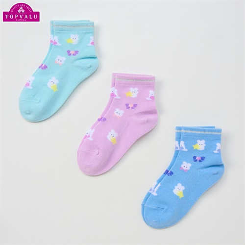 ショートクルー丈ソックス３足組 女の子 トップバリュ キッズ(ふわふわウサギ-16-21cm)