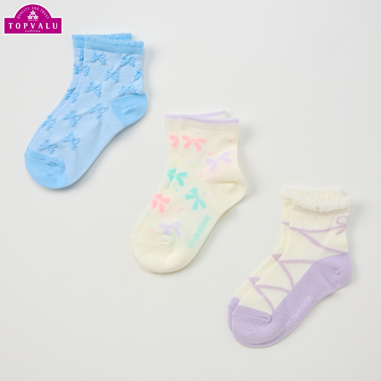 ショートクルー丈ソックス３足組 女の子 トップバリュ キッズ(フェミニン×フロート-16-21cm)