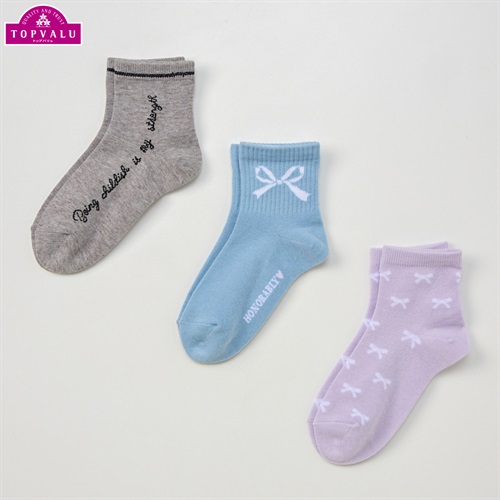 ショートクルー丈ソックス３足組 女の子 トップバリュ キッズ(パステル×リボン-19-24cm)