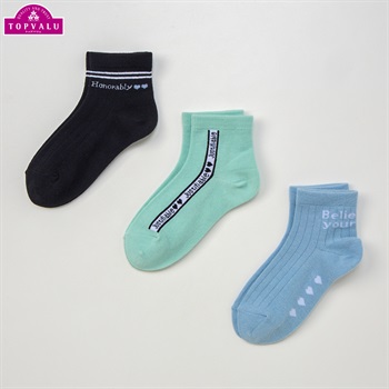 ショートクルー丈ソックス３足組 女の子 トップバリュ キッズ(疑似リブ×バックロゴ-19-24cm)