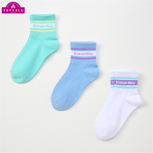 ショートクルー丈ソックス３足組 女の子 トップバリュ キッズ(シンプルロゴライン-19-24cm)