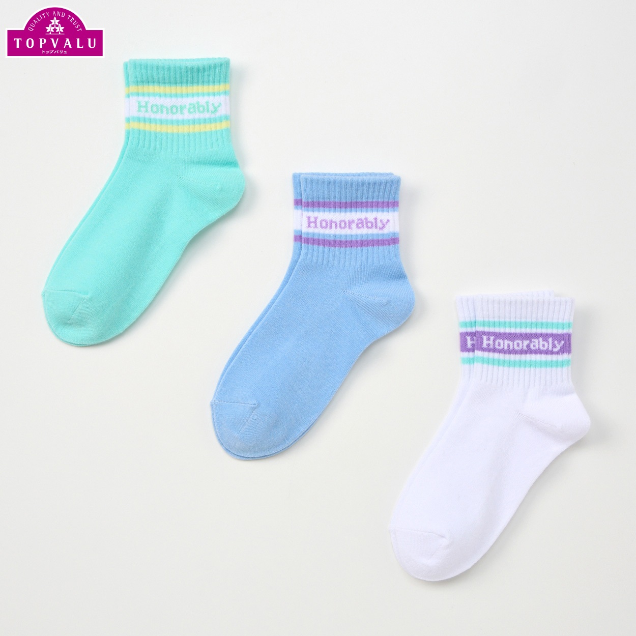 ショートクルー丈ソックス３足組 女の子 トップバリュ キッズ(シンプルロゴライン-19-24cm)