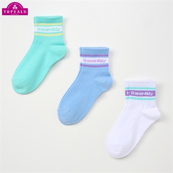 ショートクルー丈ソックス３足組 女の子 トップバリュ キッズ(シンプルロゴライン-19-24cm)