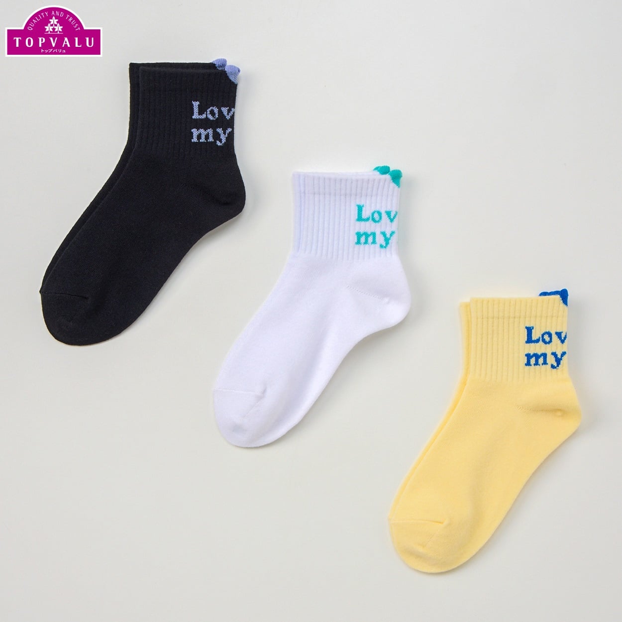 ショートクルー丈ソックス３足組 女の子 トップバリュ キッズ(シンプルバックロゴ-19-24cm)