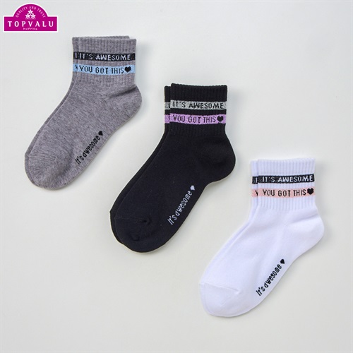 ショートクルー丈ソックス３足組 女の子 トップバリュ キッズ(ロゴラメライン-19-24cm)