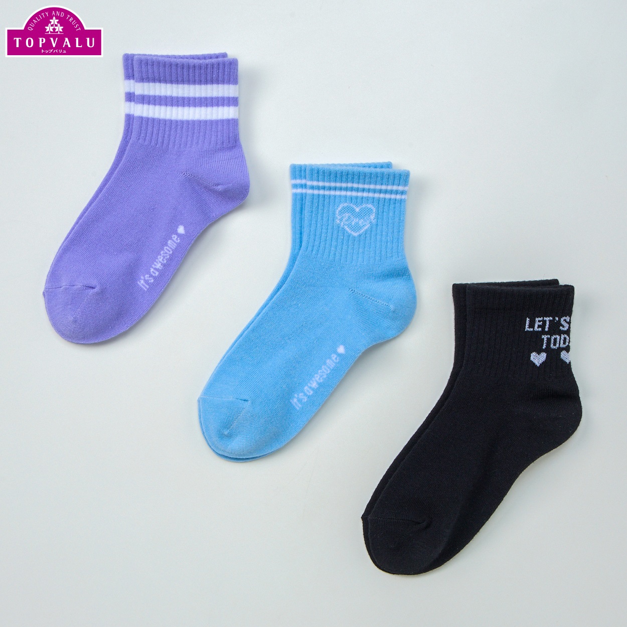 ショートクルー丈ソックス３足組 女の子 トップバリュ キッズ(ロゴ-19-24cm)