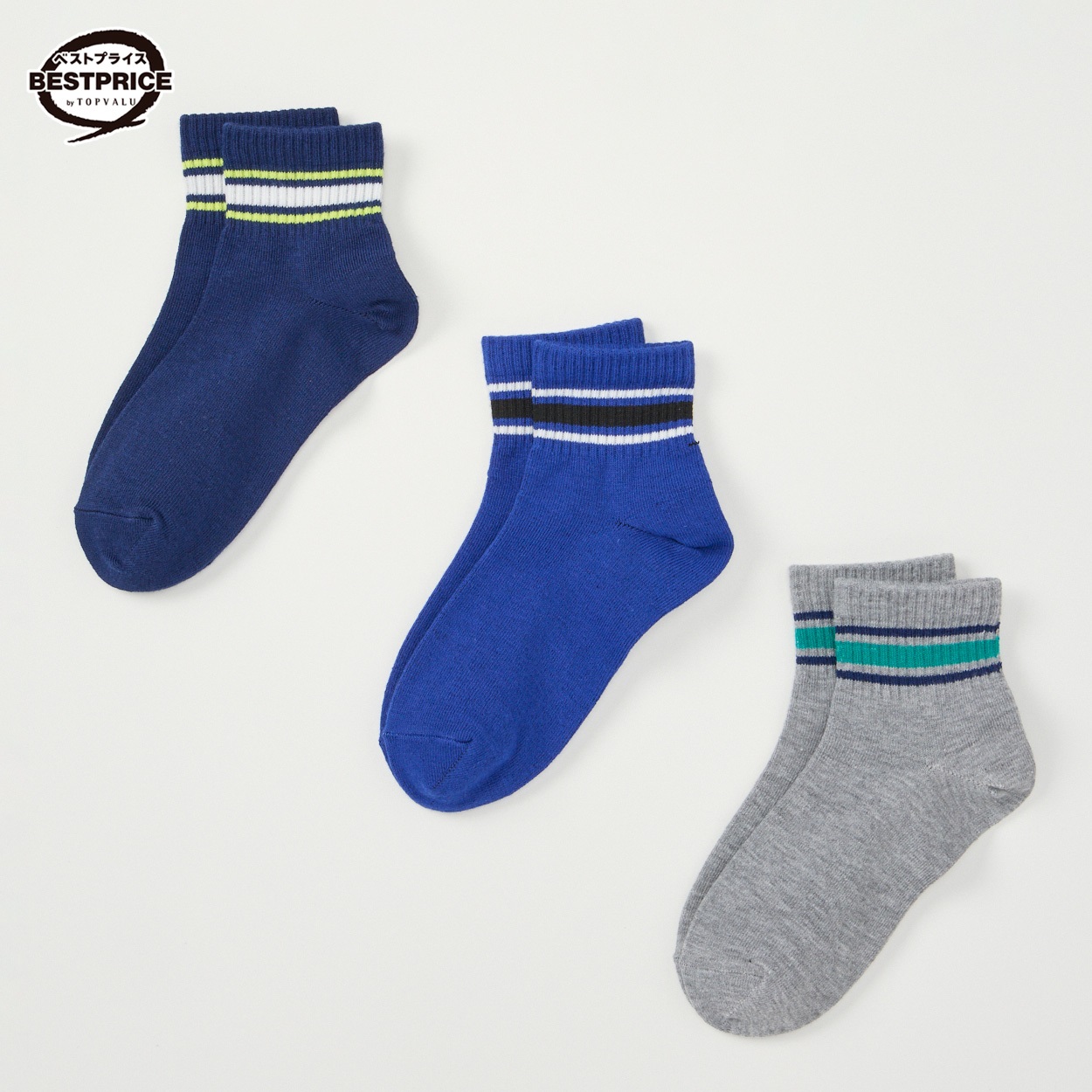 カジュアルソックス 男の子 ショートクルー丈３足組 トップバリュベストプライス キッズ 19-24cm(3足組(B)-19-24cm)