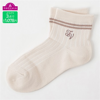 おしゃれコーデソックス（ショートクルー）19-24cm ロゴ刺しゅう キッズ 女の子 トップバリュ(ベージュ-19-24cm)