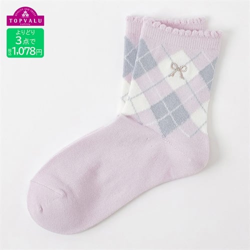 おしゃれコーデソックス（クルー丈）19-24cm アーガイル×リボン刺しゅう キッズ 女の子 トップバリュ(ライトパープル-19-24cm)