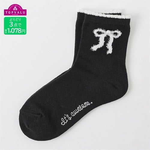 おしゃれコーデソックス（クルー丈）19-24cm リボン部分モール キッズ 女の子 トップバリュ(ブラック-19-24cm)
