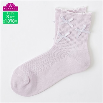 おしゃれコーデソックス（クルー丈）19-24cm 口ゴムフリル×リボン キッズ 女の子 トップバリュ(ライトパープル-19-24cm)