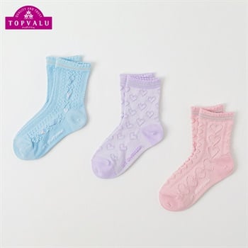 カジュアルソックス クルー丈3足組 キッズ 女の子 トップバリュ 16-21cm(ハート×フロートリボン-16-21cm)