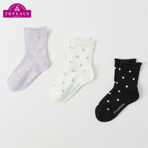 カジュアルソックス クルー丈3足組 キッズ 女の子 トップバリュ 16-21cm(ハート総柄-16-21cm)