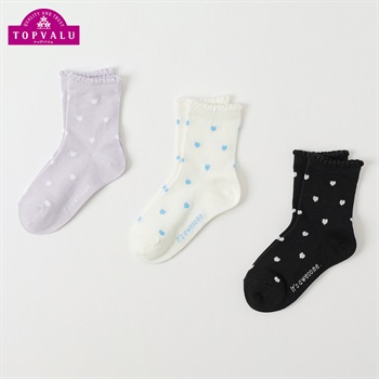 カジュアルソックス クルー丈3足組 キッズ 女の子 トップバリュ 16-21cm(ハート総柄-16-21cm)