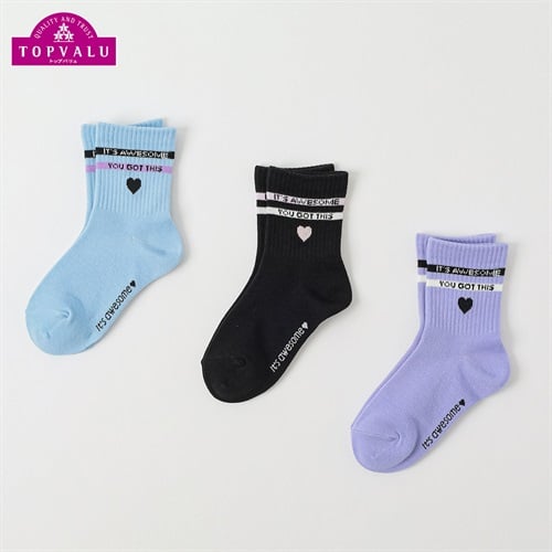 カジュアルソックス クルー丈3足組 キッズ 女の子 トップバリュ 16-21cm(リッチェル×ラインロゴ-16-21cm)