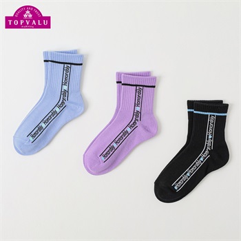 カジュアルソックス クルー丈3足組 キッズ 女の子 トップバリュ 19-24cm(リッチェル×縦ライン-19-24cm)